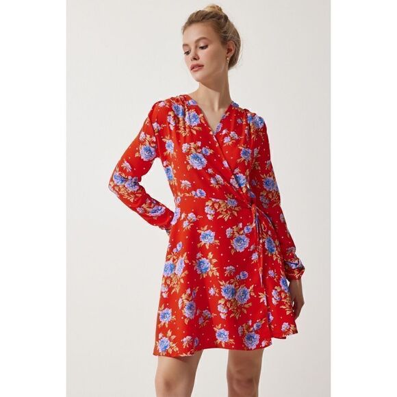 NWT Zara Blogger’s Favorite Red Floral Long Sleeve V-Neck Wrap Dress, Small - Picture 2 of 16